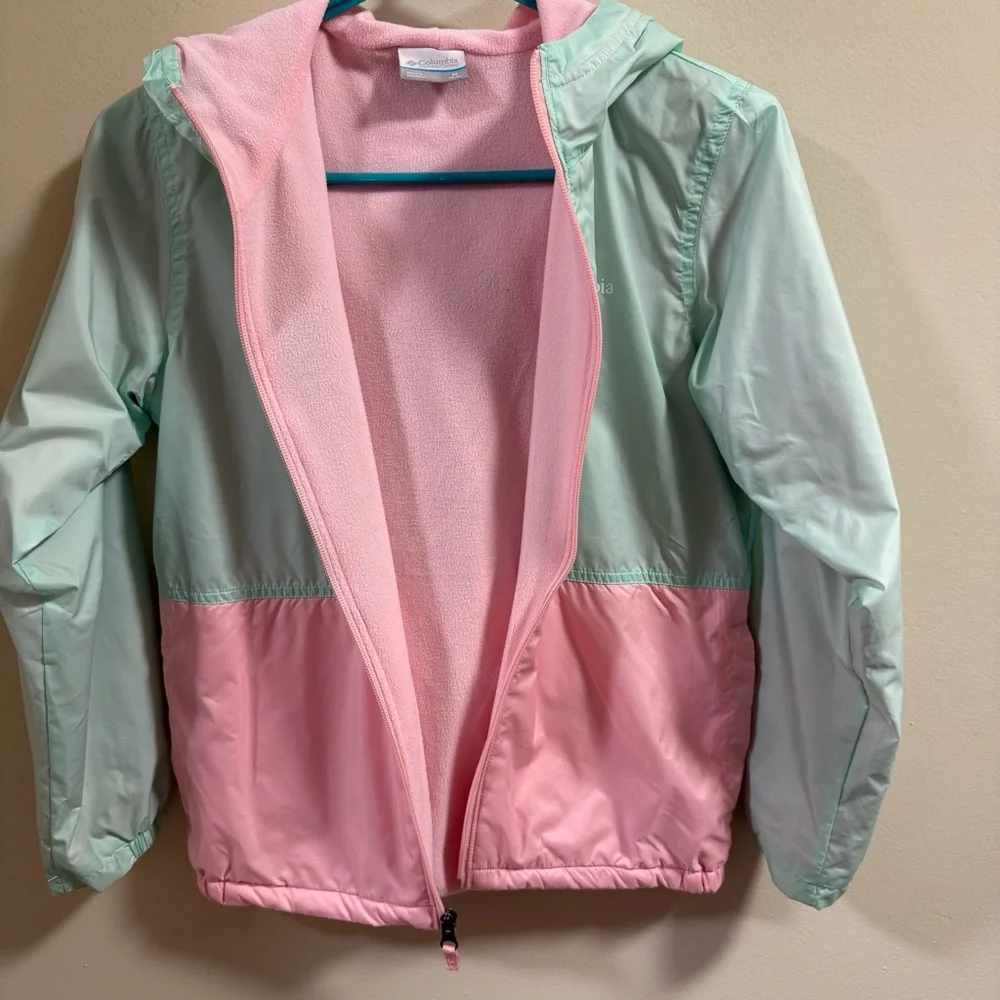 Girls Columbia Fleece Lined Hooded Windbreaker Jacket Sz 10-12 Pink Green Spring